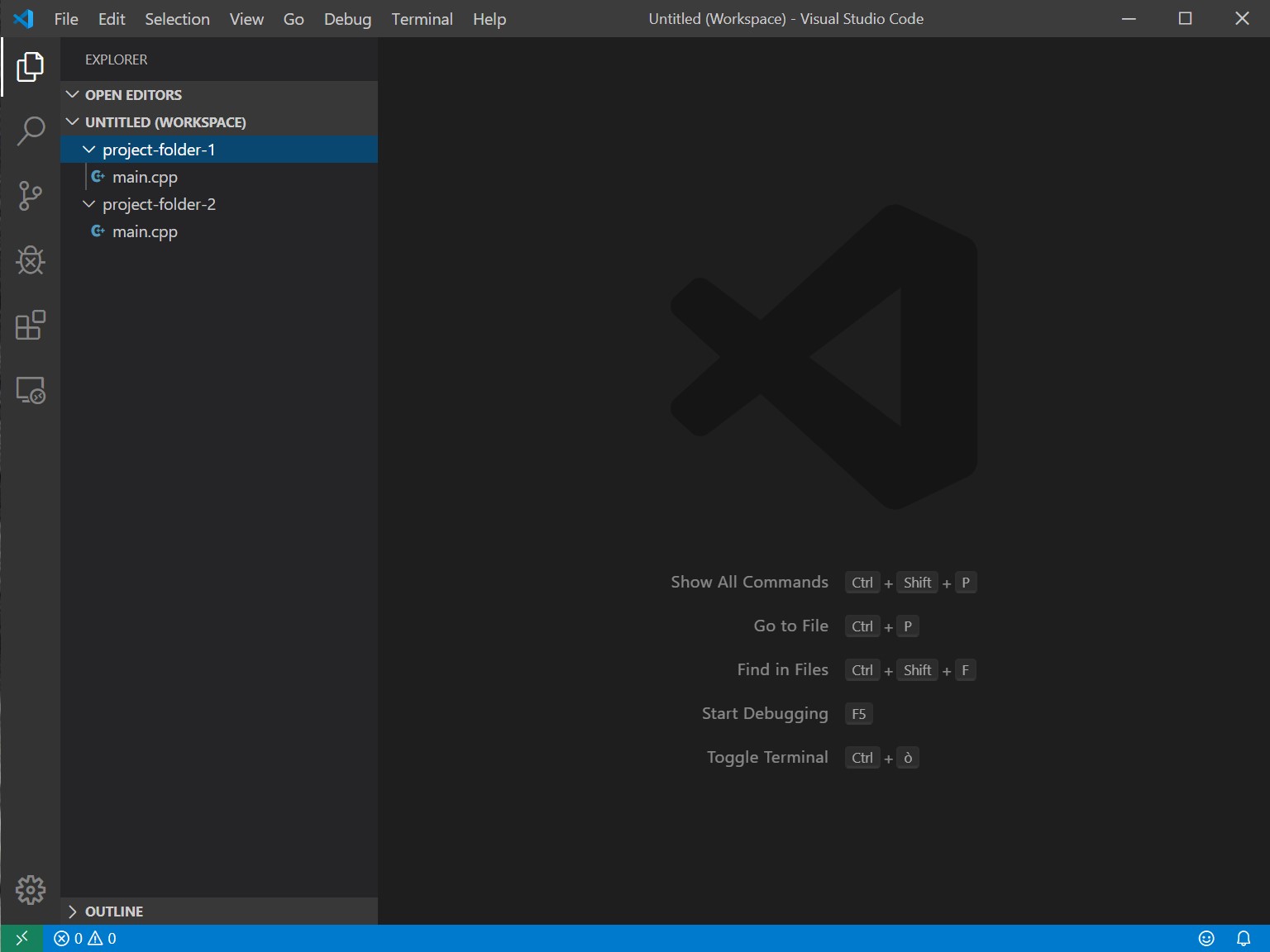 Screenshot of a visual studio code windows on a workspace with two folders