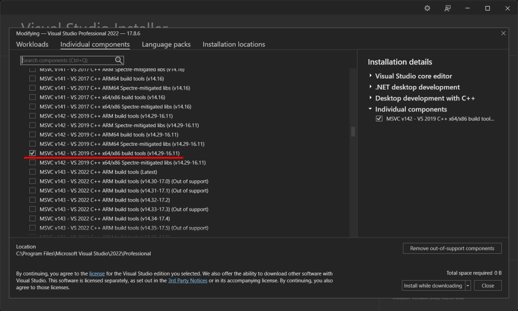 Screenshot of Visual Studio 2022 installer illustrating how to locate Visual Studio 2019 toolchain