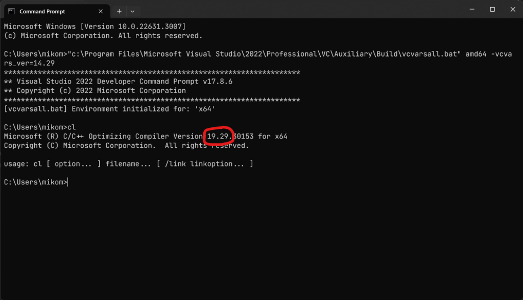 Screenshot of windows command prompt showing the results of using the discussed technique. It shows that visual studio 2019 compiler, version 19.29 is set up from Visual Studio 2022 installation folder