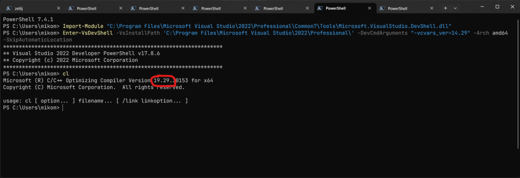 Screenshot of windows powershell console showing the results of using the discussed technique. It shows that visual studio 2019 compiler, version 19.29 is set up from Visual Studio 2022 installation folder