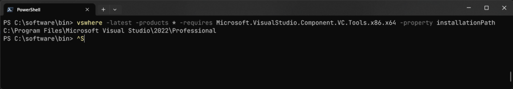 Screenshot illustrating the output of calling vswhere to locate Visual Studio installation. Query: vswhere -latest -products * -requires Microsoft.VisualStudio.Component.VC.Tools.x86.x64 -property installationPath results in the output of: C:\Program Files\Microsoft Visual Studio\2022\Professional